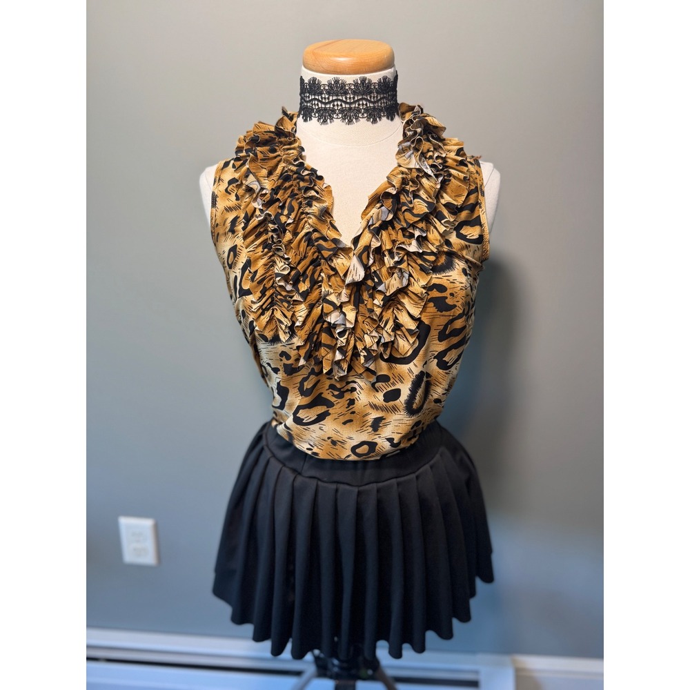 Y2K Milano Leopard Print Ruffle V-Neck Sleeveless Top Blouse Animal Print Career